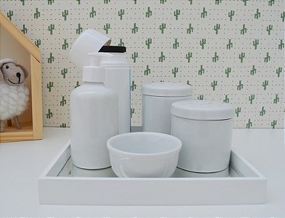 Kit Higiene Bebê Banho K065 Branco Completo Moderno Potes