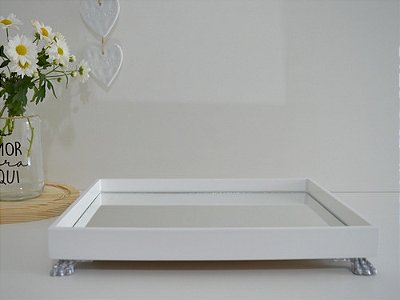 Bandeja Madeira G Espelho Decoração Escritório B096 Prata