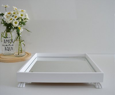 Bandeja Multiuso Bebê MDF P Espelho Resina Decoração B097 - Branco