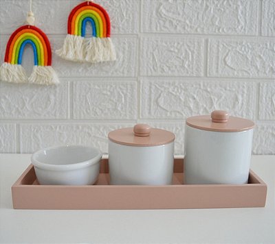 Kit Higiene Bebê Porcelana Retangular Bandeja Rosê Bancada