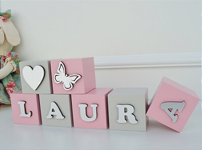 Kit 11 Cubos Mdf Prata Revelação Letra Bebê Espelho Infantil