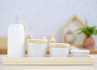 Kit Higiene Porcelana Bebê Maternidade Poá Cinza Unissex Bancada K066
