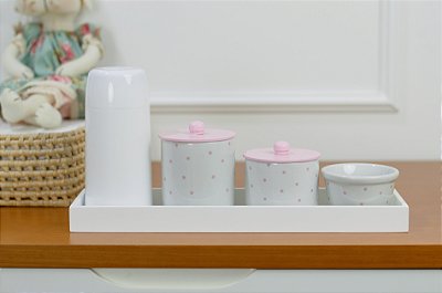 Kit Higiene Porcelana Bebê Maternidade Poá Rosa Meninas Bancada Baby K078
