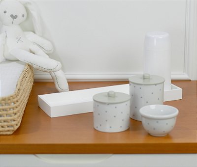 Kit Higiene Porcelana Bebê Maternidade Poá Cinza Unissex K078