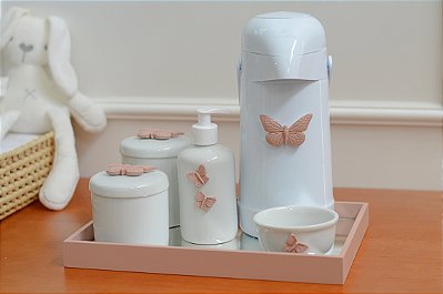 Kit Higiene Bebê Porcelana Térmica Bandeja Banho Borboleta - Rose