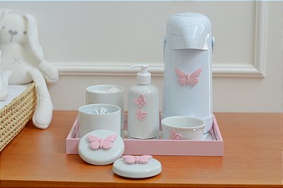 Kit Higiene Bebê Porcelana Térmica Bandeja Banho Borboleta - Rosa