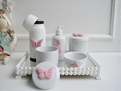 Kit Higiene Porcelana Bebê Rosa Bandeja Perola Térmica Baby Decoração