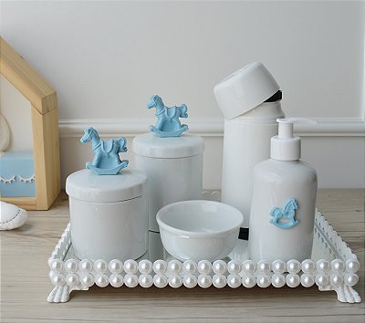 Kit Higiene Porcelana Bebê Azul Bandeja Perola Térmica Baby Decoração