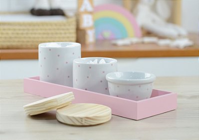 Kit Higiene Retangular Bancada Porcelana Pequeno Madeira Bebê Menina Rosa Póa