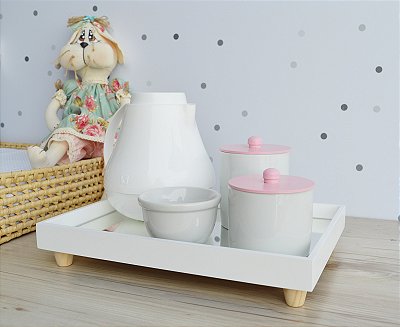 Kit Higiene Porcelana Bancada Bebê Meninas Rosa Bebê Térmica Pinus