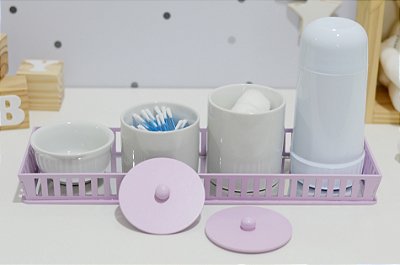 Kit Higiene Bebê Moderno Porcelana Lilas Térmica Banho Maternidade Bancada