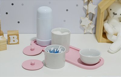 Kit Higiene Bebê Moderno Porcelana Rosa Térmica Banho Maternidade Bancada