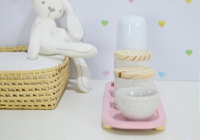 Kit Higiene Porcelana Bebê Poa Rosa Térmica Bandeja Maternidade Meninas Bancada
