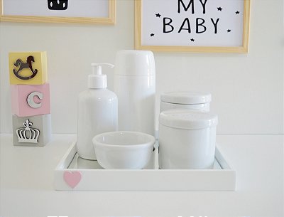 Kit Higiene Porcelana Bebê Maternidade + Bandeja + Potes Porcelana + Garrafa térmica 250ml