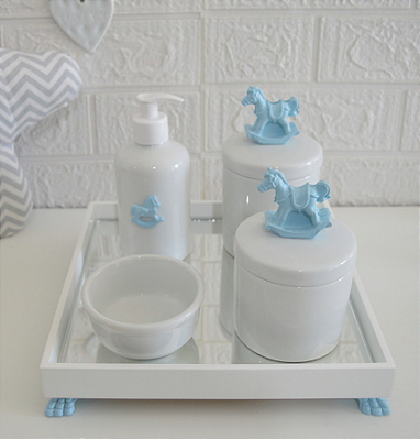 Kit Higiene Maternidade Bebê Porcelana Gel Espelho Pote - Tema Cavalo