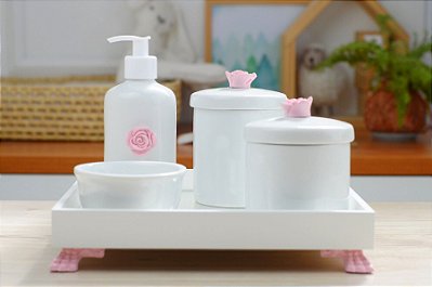 Kit Higiene Porcelana Bebê Banho Cuidado Quarto - Tema Flor