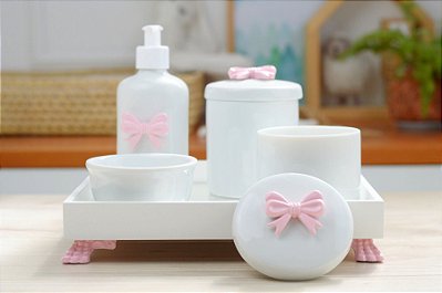 Kit Higiene Porcelana Bebê Banho Cuidados Quarto Banho Limpeza - Tema Laço
