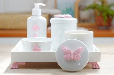 Kit Higiene Porcelana Bebê Banho Cuidado Quarto - Tema Borboleta