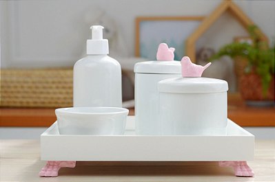Kit Higiene Porcelana Bebê Banho Cuidado Quarto - Tema Pássaro