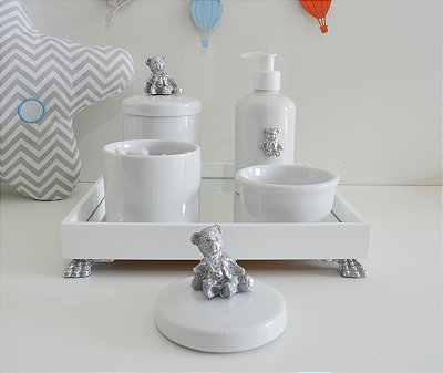 Kit Higiene Porcelana Bebê Banho Cuidado Quarto - Tema Urso