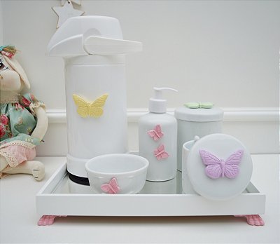 Kit Higiene Porcelana Bebê Meninas Bancada Maternidade Borboleta