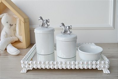 Kit Higiene Bebê Porcelana Maternidade Prata + Potes + Bandeja Pérola