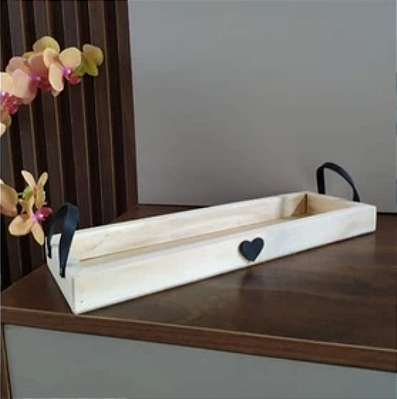 Bandeja Pinus Retangular Com Alça Coração Preto Casa Decoração Café Xicara Aparador Cozinha