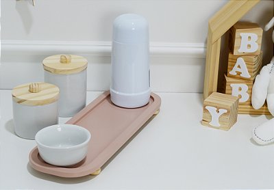 Kit Higiene Porcelana Bebê Pinus Rosê  Maternidade Térmica Bandeja