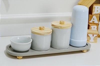Kit Higiene Porcelana Bebê Pinus Cinza Térmica Bandeja Maternidade