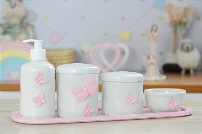 Kit Higiene Bebê Porcelana Maternidade Borboleta Menina Quarto Bancada Banho Cuidados
