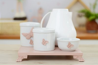 Kit Higiene Bebê Menina Borboleta Jardim Rosê Quarto Maternidade Cuidados Banho Térmica