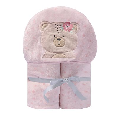 Cobertor de Microfibra Menina Ursinha Bordado Maternidade Bebê Com Capuz