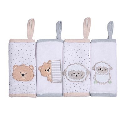 Kit 04 Paninhos de Boca 100% Algodão Urso Ovelha Maternidade Bebê Papi