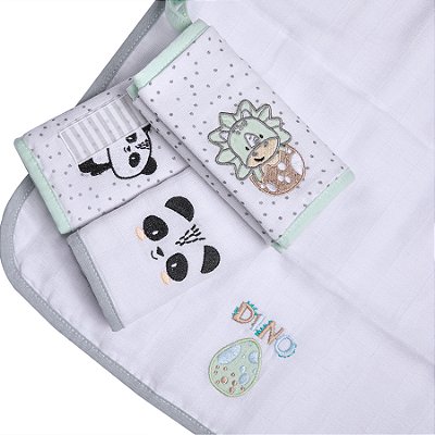 Kit 04 Paninhos de Boca 100% Algodão Panda Dinossauro Maternidade Bebê Papi
