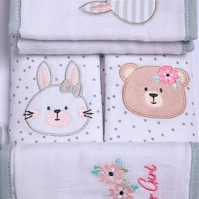 Kit 04 Paninhos de Boca 100% Algodão Ursinha Coelinha Maternidade Bebê Papi