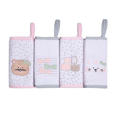 Kit 04 Paninhos de Boca 100% Algodão Gatinha e Oncinha Maternidade Bebê Papi