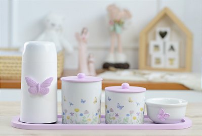 Kit Higiene Porcelana Bebê Maternidade Borboletas Cuidados Meninas Jardim Encantado