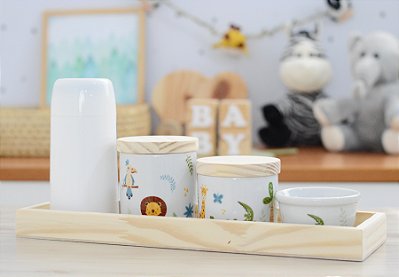 Kit Higiene Porcelana Maternidade Meninos Bebê Safari Pinus Bancada Onça Montessoriano