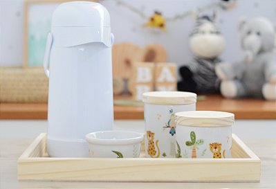 Kit Higiene Porcelana Maternidade Infantil Safari Pinus Montessoriano + Térmica 500ml