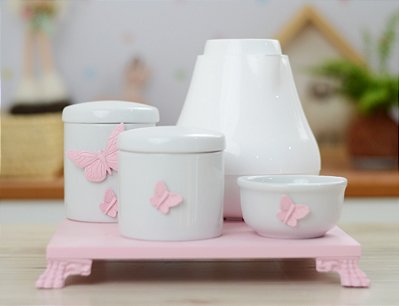 Kit Higiene Porcelana Maternidade Bebê Jardim Encantado Borboleta Rosa