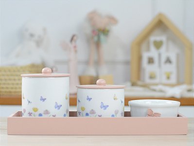Kit Higiene Porcelana Bebê Jardim Encantado Borboleta Rose Maternidade Meninas