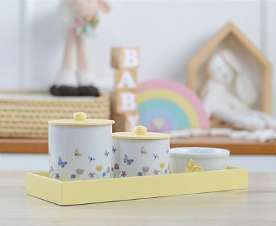 Kit Higiene Porcelana Bebê Jardim Encantado Borboleta Meninas Amarelo