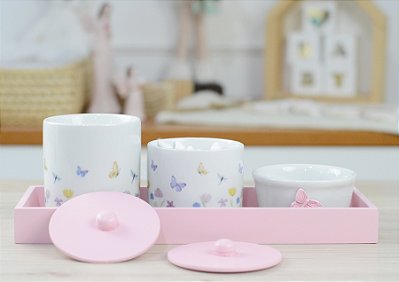 Kit Higiene Porcelana Maternidade Bebê Meninas Jardim Encantado Borboleta Rosa
