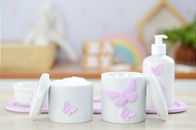 Kit Higiene Porcelana Maternidade Bebê Jardim Encantado Borboleta Lilas Meninas