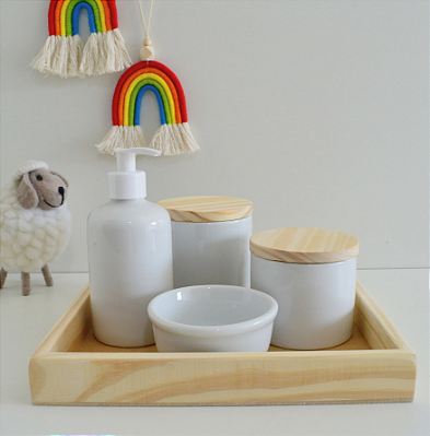 Kit Higiene Bebê Madeira Porcelana Bandeja Pinus Neutro K060