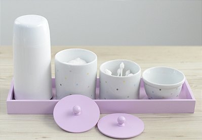 Kit Higiene Porcelana Bebê Maternidade Poa Colorido Bandeja + Garrafa Térmica - Rosa