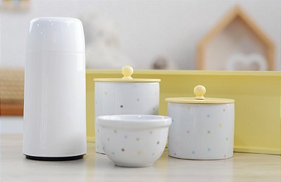 Kit Higiene Porcelana Bebê Maternidade Poa Colorido Bandeja + Potes + Garrafa Térmica - Amarelo