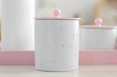 Kit Higiene Porcelana Bebê Poa Colorido Maternidade Meninas Quarto Bandeja + Garrafa + Potes - Rosa