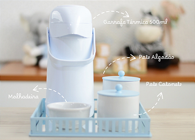 Kit Higiene Porcelana Bebê Maternidade Azul K212 Decoração Quarto Infantil + Potes + Térmica