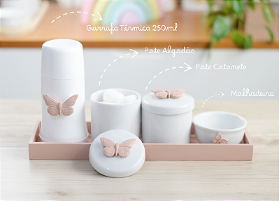 Kit Higiene Porcelana Bebê Borboleta Rosê K074 Quarto Infantil Meninas